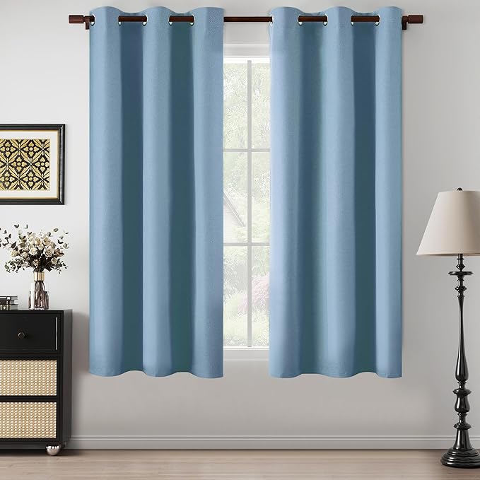 100% Blackout Blue Curtains 64 Inches Long for Bedroom Kitchen, Linen Textured Energy Saving Thermal Insulated Privacy Lightweight Small Window Drapes, Dusty Blue, W37 x L64, 2 Panels