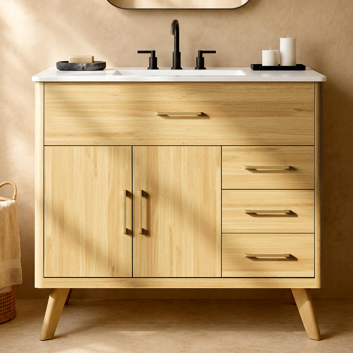 ModernMate 36" Bathroom Vanity with Ceramic Sink, Solid Wood Freestanding Modern Cabinet, 2 Soft Close Doors & Full-Extension Drawers, Adjustable Shelves, Metal Handle