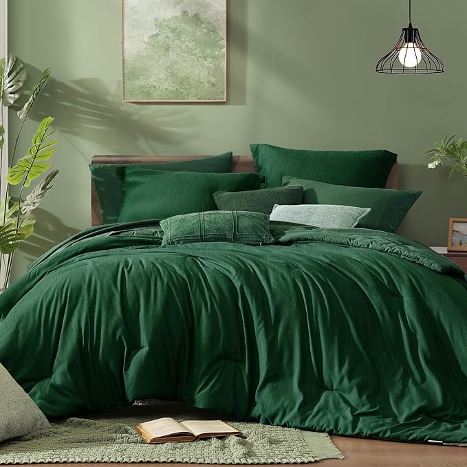 Monbix Queen Comforter Set - 7 Pieces Cationic Dyeing Emerald Green Bed in a Bag Queen Bedding Sets with Comforter, Sheets, Pillowcases & Shams, Reversible Bedding Comforters Sets
