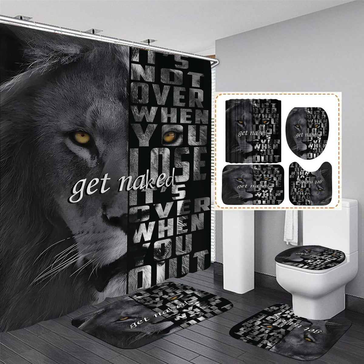 jieprom 4PCS Lion Insipirational Shower Curtain Set with Rugs, Toilet Lid Cover and Bath Mat, Animal Shower Curtain with 12 Hooks, Complete Bathroom Accessories Decor Set