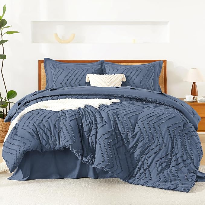 Litanika Twin Comforter Set with Sheets Ocean Blue - 5 Pieces Boho Tufted Shabby Chic Bed in a Bag, Fluffy Soft Farmhouse Bed Set for All Seasons