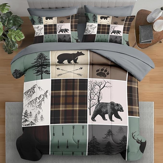 7 Pcs Comforter Set Queen Size, Wildlife Hunting Deer Bedding Set for Kids and Adults, Vintage Winter Animal Bear Plaid Bed Sheet Sets with Fitted Sheet 2 Pillowcases & 2 Shams