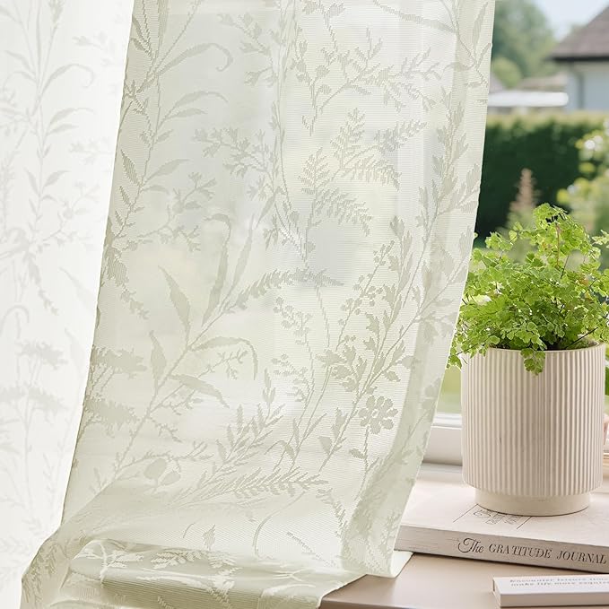 Anmao Cream Semi Sheer Light Filtering Curtains 90 Inches Long 2 Panels, Leaf Pattern Drapes for Living Room Bedroom, Rod Pocket Sheer Window Treatments with Floral Design, 52x90 Inch, Ivory