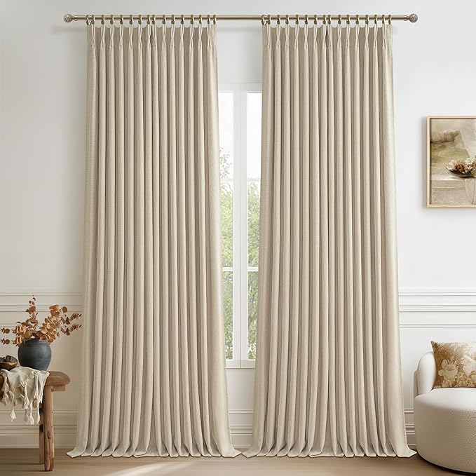 Blackout Extra Wide 70 Inch Curtains 90 Inches Long for Bedroom 2 Panels Set, Natural Linen Memory Trained Pinch Pleated Double Layer Thermal Noise Cancelling Rustic Windows Drapes Room Divider 70x90
