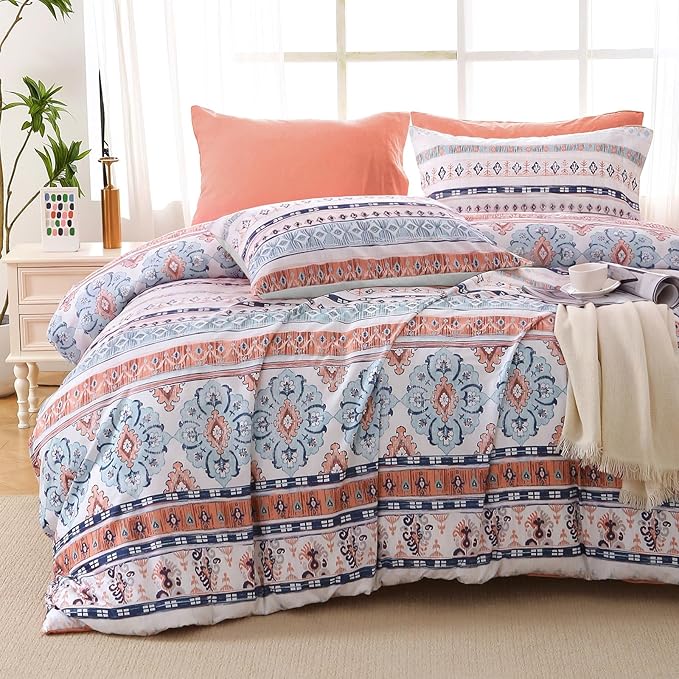MUXHOMO Boho Pink Bed in a Bag King 7 Pieces, King Comforter Set Reversible Botanical Flowers Design, Ultra Soft & Breathable Bedding Sets with Comforter, Sheets, Pillowcases & Shams