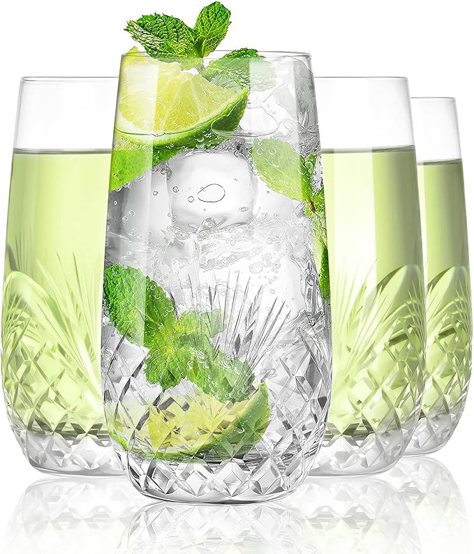 SHOSHIN Hand Cut Highball Glasses Crystal (Set of 4, 17Oz) - Elegant Water Juice Drinking Glasses, Everyday Beverage Glasses, Large Collins Glasses Perfect for Restaurant, Kitchen, Bar