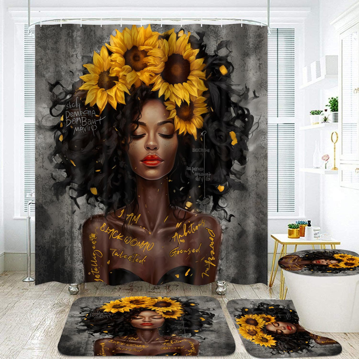 Omebero 4PCS Shower Curtain Set with Waterproof Shower Curtain Non-Slip Bath Mat Rug and Toilet Lid Cover, Inspirational Quote Africa American Black Queen Fathers Day Bathroom Decor Set