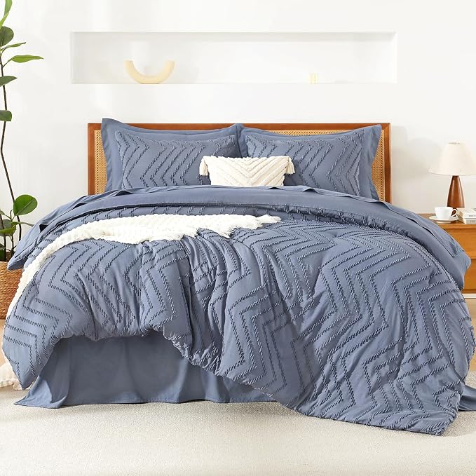 Litanika Queen Size Comforter Set with Sheets Bluish Grey - 7 Pieces Bed in a Bag Queen Chevron Tufted Complete Bedding Sets with Comforter, Sheets, Pillowcases & Shams