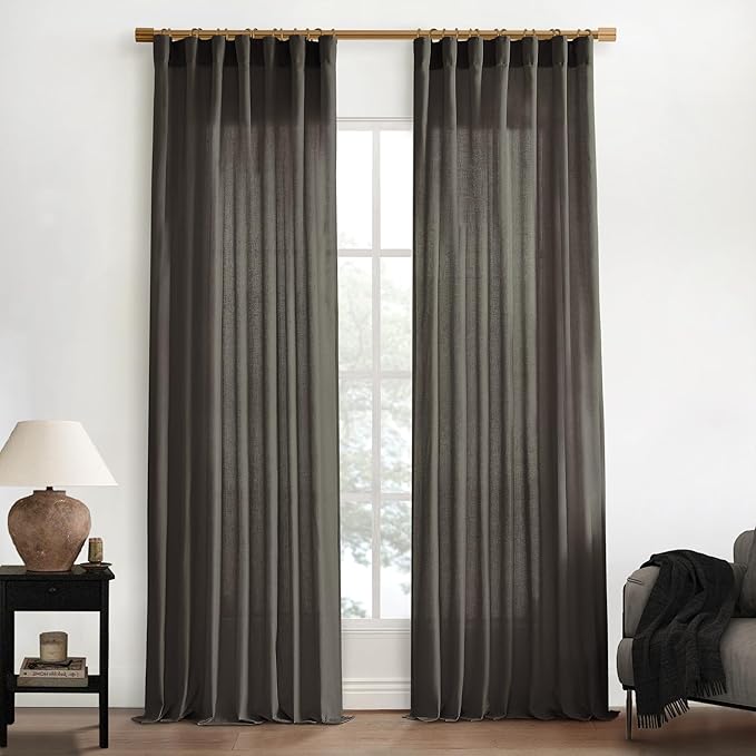 XTMYI Chocolate Brown Curtains 96 Inches Long 2 Panel Set,Sheer Linen Pleated Back Tab Window Drapes Curtains for Living Room 96 Inch Length,Dark Brown