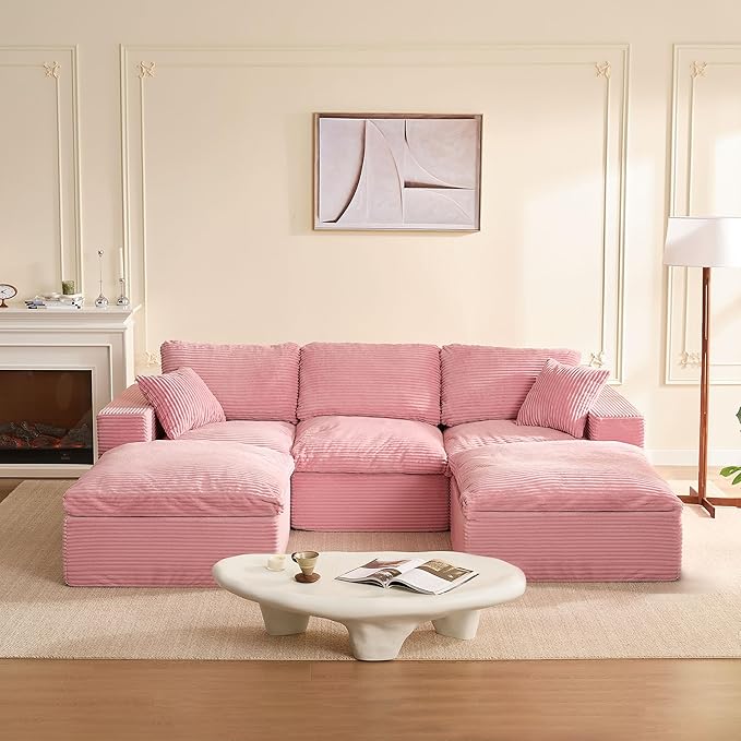 106.3” Sectional Couches for Living Room, Cloud Couch, Modular Sectional Sofa, Convertible Sofas Bed, Deep Seat Sofa, U Shaped Cozy Sofa Furniture Set, Corduroy, Pink