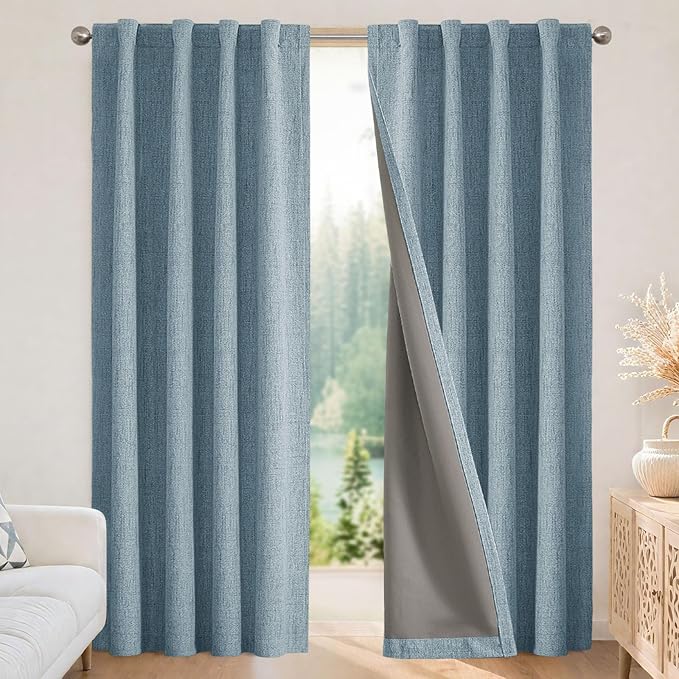 Joydeco Blackout Curtains for Bedroom - 108 Inch Long 100% Light Blocking 2 Panels Sky Blue Drapes, Thermal Insulated Room Darkening Curtains, Linen Textured for Living Room, Rod Pocket & Back Tabs