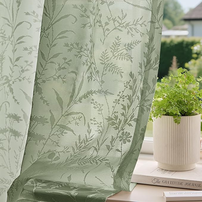 Anmao Sage Green Semi Sheer Light Filtering Curtains 84 Inches Long 2 Panels, Leaf Pattern Drapes for Living Room Bedroom, Rod Pocket Sheer Window Treatments with Floral Design, 52x84 Inch