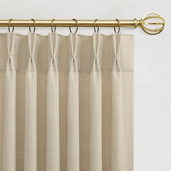 Linen Pinch Pleated Curtains 63 Inch Long, Cream Beige Curtain 2 Panels for Dining Room Kitchen Pleat Drapes with Hooks Rings Light Filtering Short Window Curtain Cabinet 40" x 63"