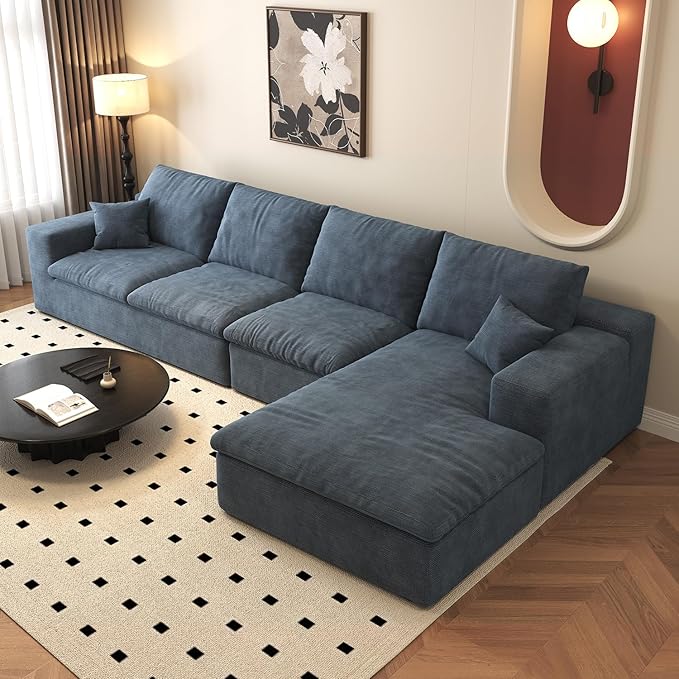 136.6'' L-Shaped Modern Modular Sectional Cloud Couch, 4-Seat Chenille Deep-Seat Sofa with Pillow for Living Room, Bedroom, Apartment, Ocean Blue