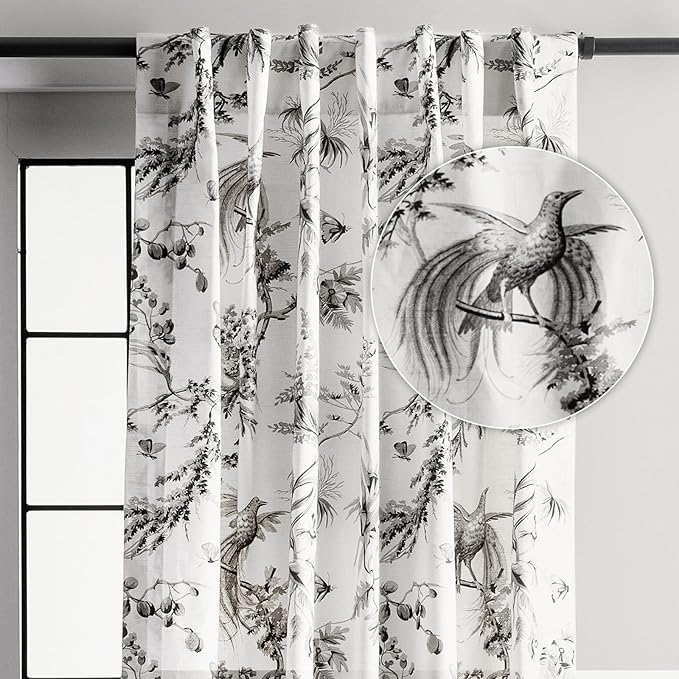 Maison d' Hermine Curtains for Living Room 100% Cotton 96 inch Length One Panel Light Filtering Toile Curtains for Bedroom Windows with Rod and Loop Pockets Drapes (Paradise Mid Night, 50" W x 96" L)
