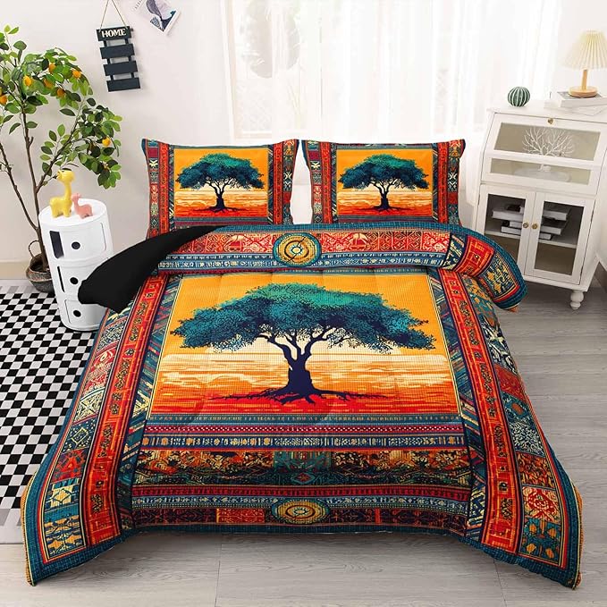 AILONEN Tree of Life Comforter Set Twin Size,Bohemian Ethnic Tree Pattern Comforter with 2 Pillowcases,3-Piece Retro Duvet Set