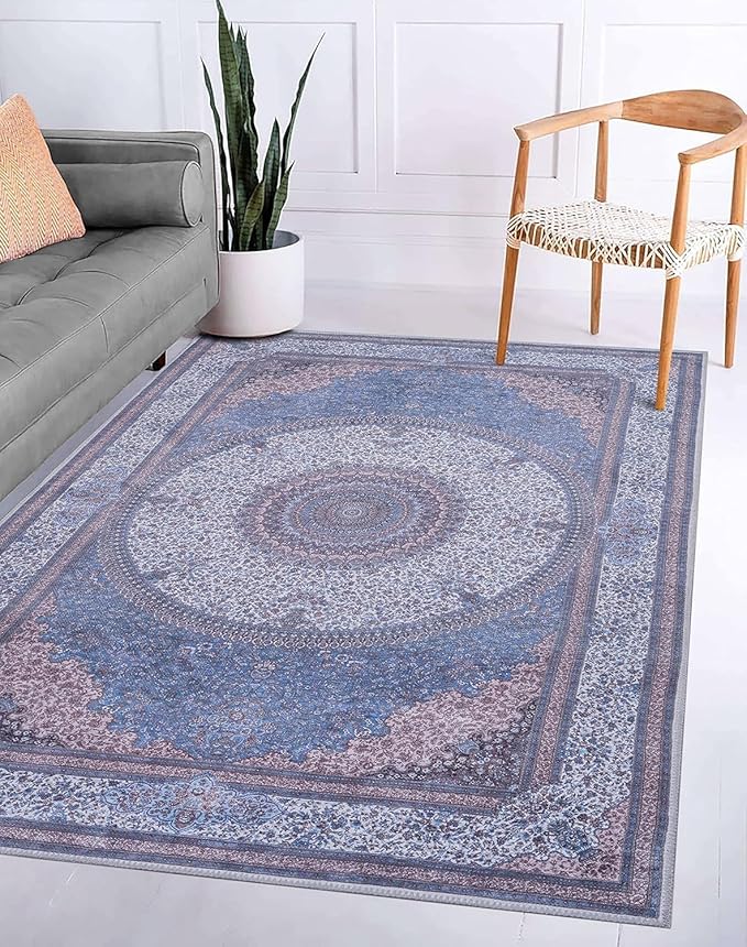 GLN Rugs Traditional Collection - Machine Washable Area Rug, Traditional Washable, Non Slip, Low Pile Chenille Rug, Living Room, Bedroom, Kitchen Rug (5'-3" x7'-5" Navy/Off White)