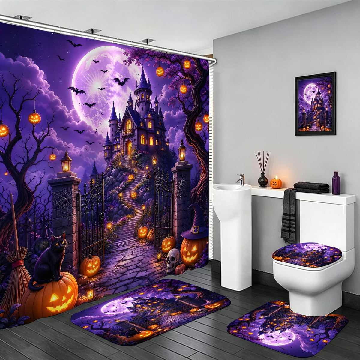 jieprom Halloween Set with Non-Slip Rug, Toilet Lid Cover and Bath Mat, Shower Curtain with 12 Hooks, Waterproof Shower Curtain for Halloween Bathroom Decoration