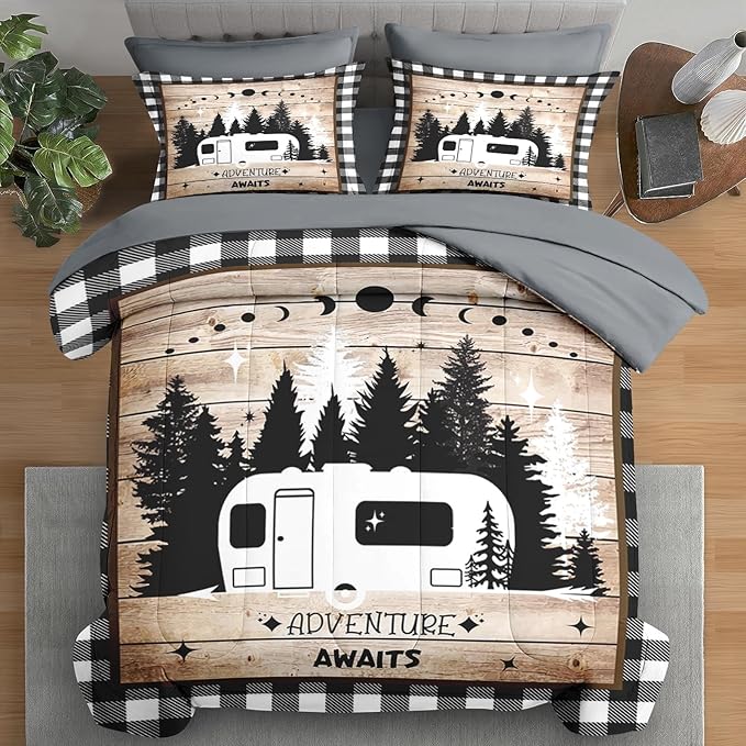 Comforter Set King Size, Camping Camper Rv 7 Pcs Bedding for Kids and Adults, Car Family Bed Sheet Sets with Fitted Sheet 2 Pillowcases & 2 Shams for Bedroom Bed Decor