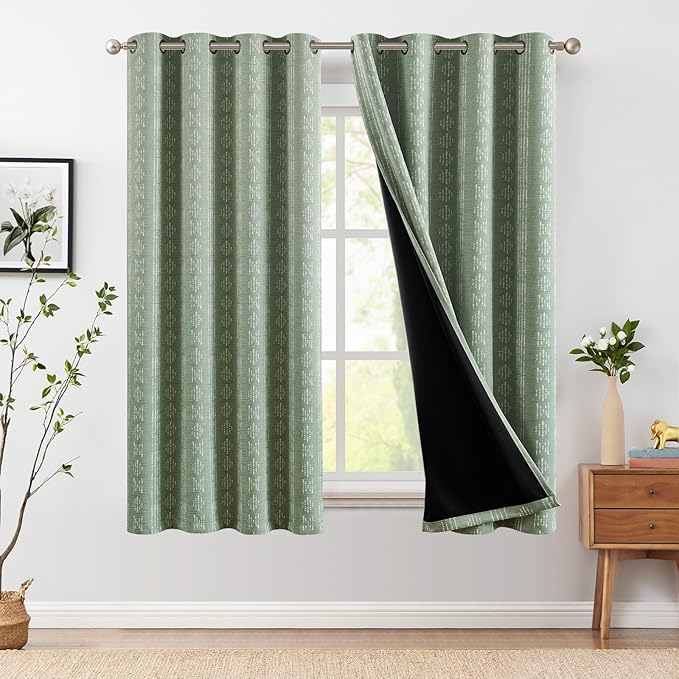 jinchan 95% Blackout Boho Curtains 63 Inch Length for Bedroom White on Sage Green Geometric Printed Grommet Top Room Darkening Thermal Insulated Window Drapes 2 Panels