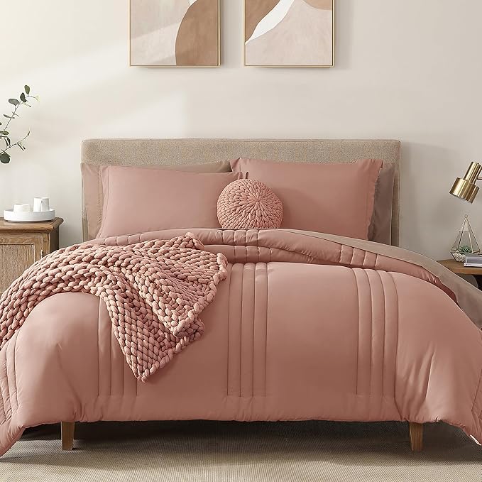 Monbix King Size Comforter Set - 7 Pieces Bed in a Bag King, Clay Pink Bedding Sets with Comforter, All Seasons Down Alternative Comforter Bed Set with Sheets, Pillowcases & Shams