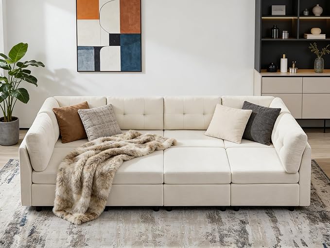 VANOMi 118" Modular Sectional Sofa with 2 Ottomans, 8 Seater Cloud Sectional Sofa Bed, Chenille Sofas & Couches for Living Room, Apartment, Office, White