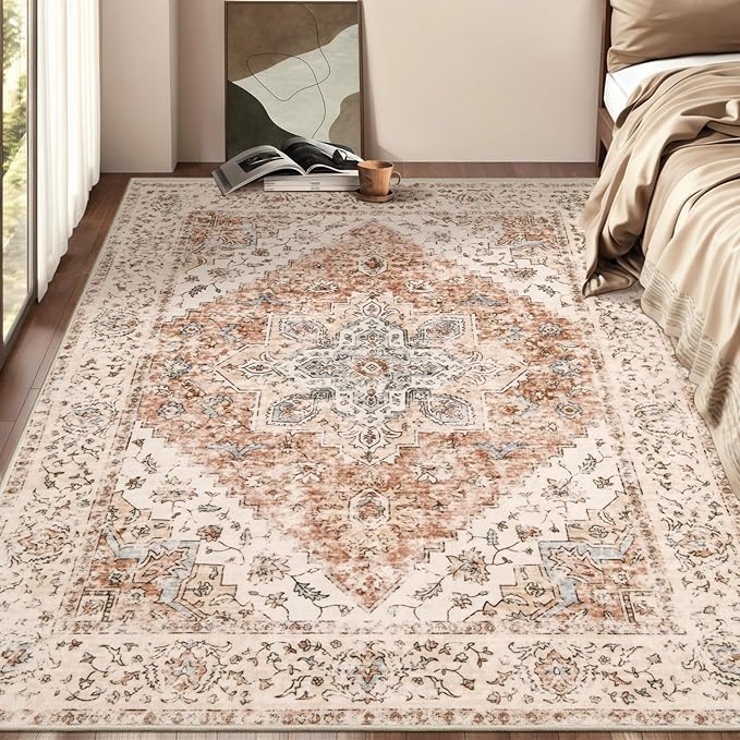 Ciicool 4x6 Rug, Washable Area Rug Boho Rugs for Living Room Non-Slip Indoor Rugs Large Low-Pile Mat Floor Carpet Vintage Rug for Bedroom Dinning Office Foyer Decor