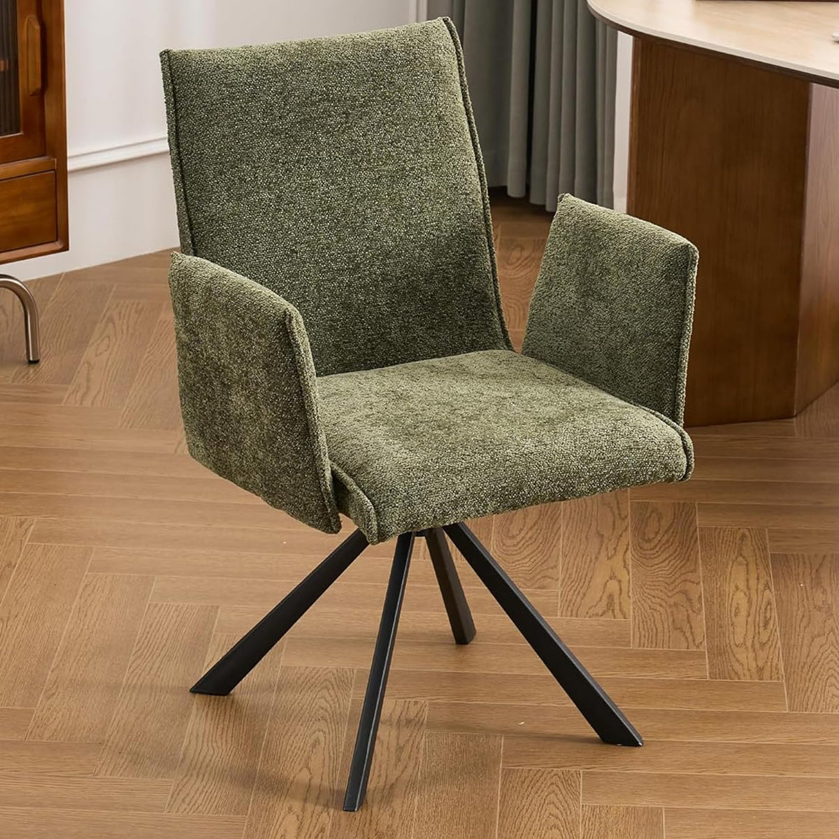 Rowill Boucle Desk Chair No Wheels, Mid Century Mordern Office Chair Swivel Adjustable Height with High Back and Arms for Home Office Bedroom Living Room, Green