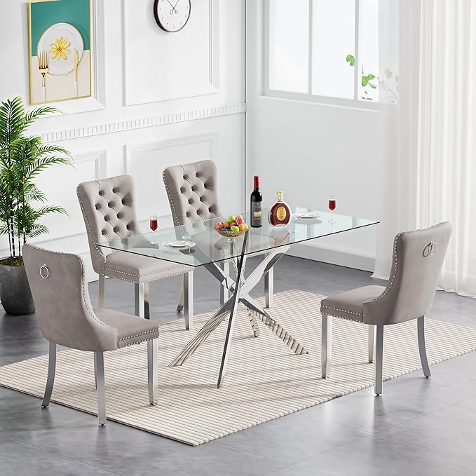 HomVent Rectangular Glass Dining Table Set for 4, Modern Tempered Glass Kitchen Table Set and Chairs, Rectangular Dining Room Table Set for Kitchen