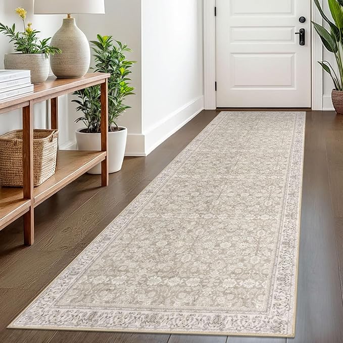 2.6x8 Washable Runner Rug for Kitchen, Cream Beige White Grey Soft Classic Runner with Non-Slip, Non-Shedding Distressed Floral Rug for Hallways Entryway Bedroom Laundry Indoor