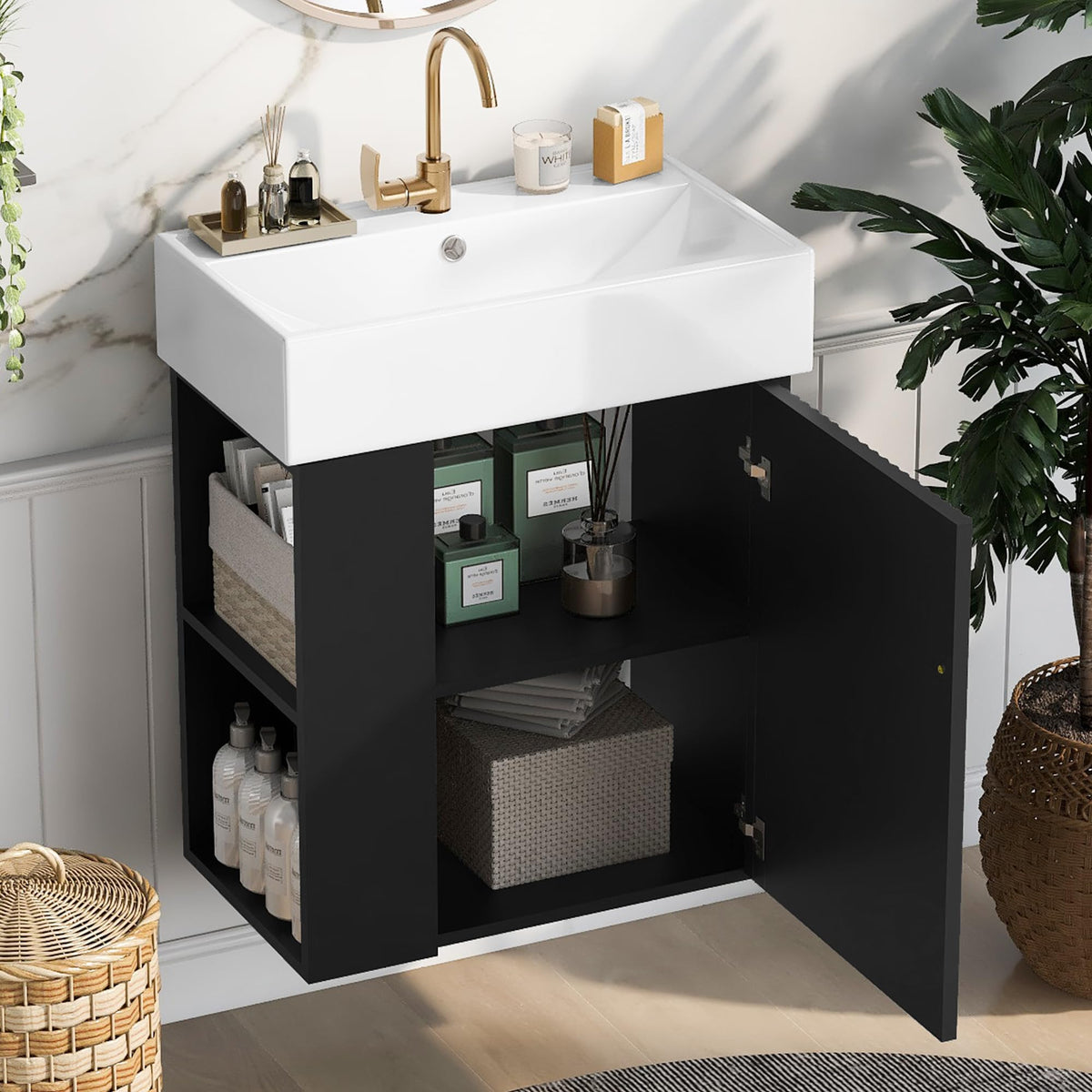 Merax 20 Bathroom Vanity Sink Combo, Wall Mounted Cabinet Sink Set with Ceramic Basin for Small Space, Undermount Sink Cabinet, Black