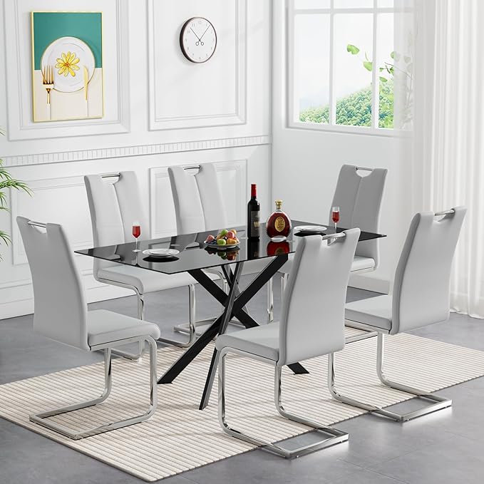 HomVent 7 Pieces Rectangular Glass Dining Table Table Set, Black Glass Dining Table Set for 6 Kitchen Table Set with 6 PU Dining Chairs for Kitchen Dining Room (Black3-Table with 6 Grey Chairs)