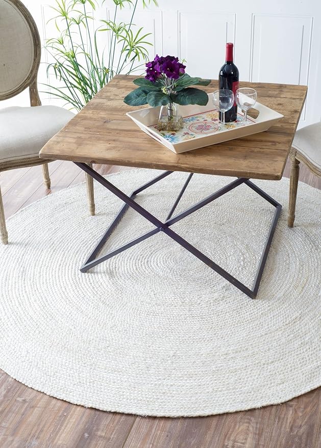 FRELISH DECOR Handwoven Jute Area Rug - Off-White Round Rustic Vintage Beige Braided Reversible Rug - Eco Friendly Rug for Bedroom - Kitchen - Living Room - Farmhouse (4' Round - Off-White)