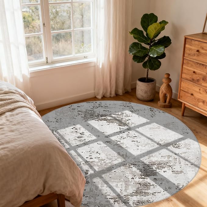 Modern Abstract 4x4 Round Area Rug Non Slip Non Shedding Rug Low Pile Stain Resistant for Bedroom Living Room Office Dining Room,Taupe/Beige