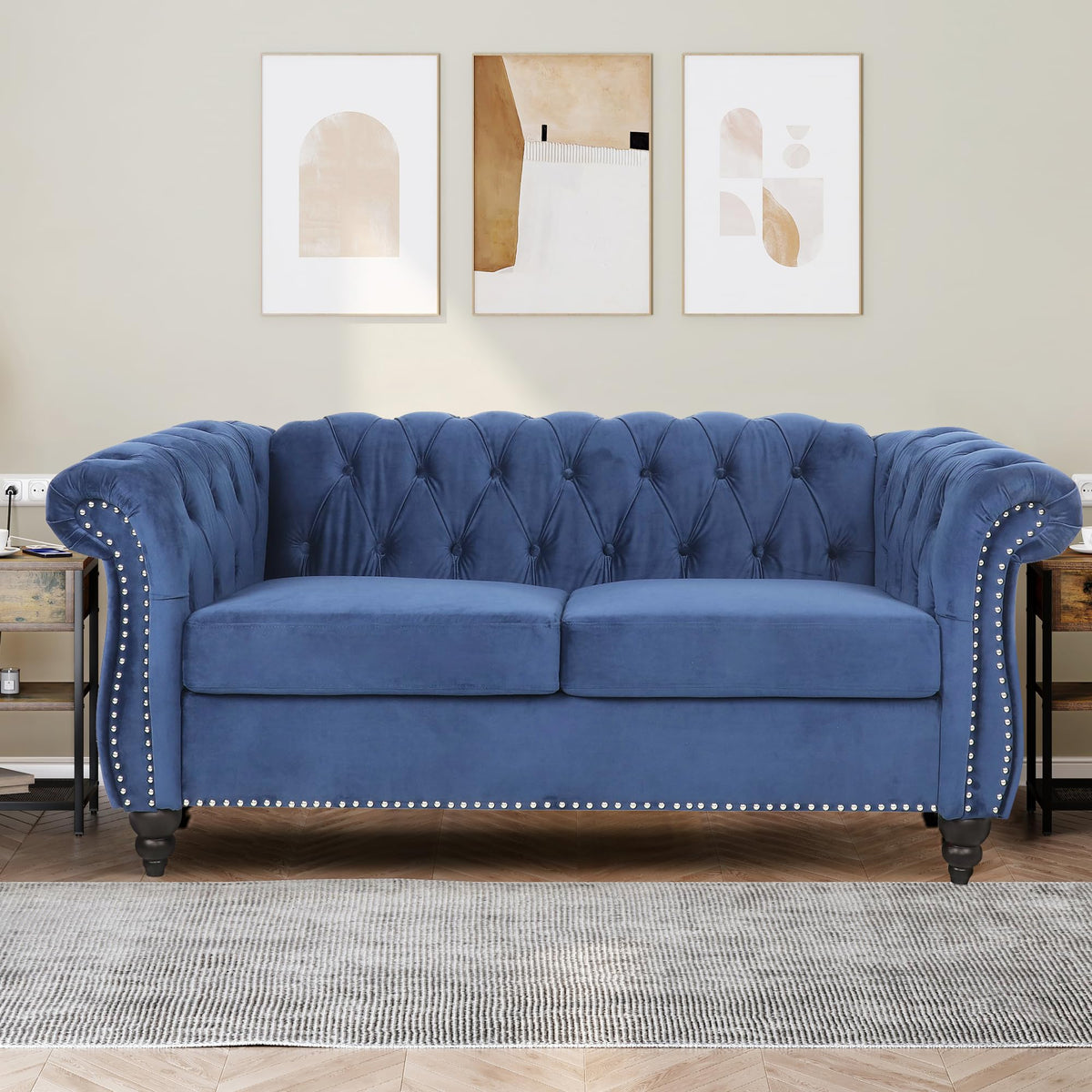 Velvet Loveseat, Chesterfield Love Seat Couch, 2 Seater Accent Sofa with Rolled Arms, Mid-Century Modern Love Seats Tufting Nailhead Trim for Living Room, Bedroom, Home Theater (Velvet, Blue)