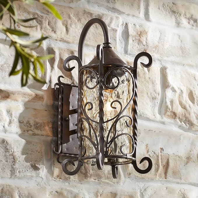 John Timberland Casa Seville Rustic Outdoor Wall Light Fixture Dark Walnut Twists 18 1/2" Champagne Hammered Glass for Exterior House Porch Patio Outside Deck Garage Yard Front Door Garden Home