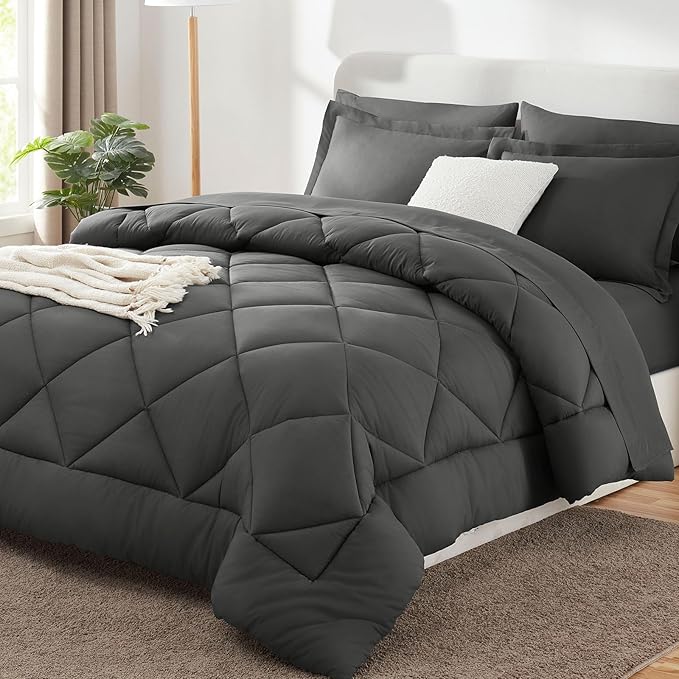 CozyLux King Size Comforter Set Dark Grey - 7 Pieces Bed in a Bag King, Luxury Soft Bed Set for All Seasons, Bedding Set with Down Alternative Comforter, Sheets, Pillowcases & Shams