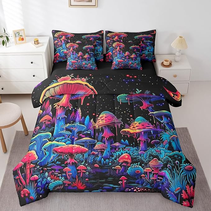 Feelyou Purple Mushroom Comforter Set with Sheets Gradient Mushroom 7 Piece Bedding Set for Kids Boys Girls Botanical Plant Quilt Set Galaxy Star Bed Set Full Size
