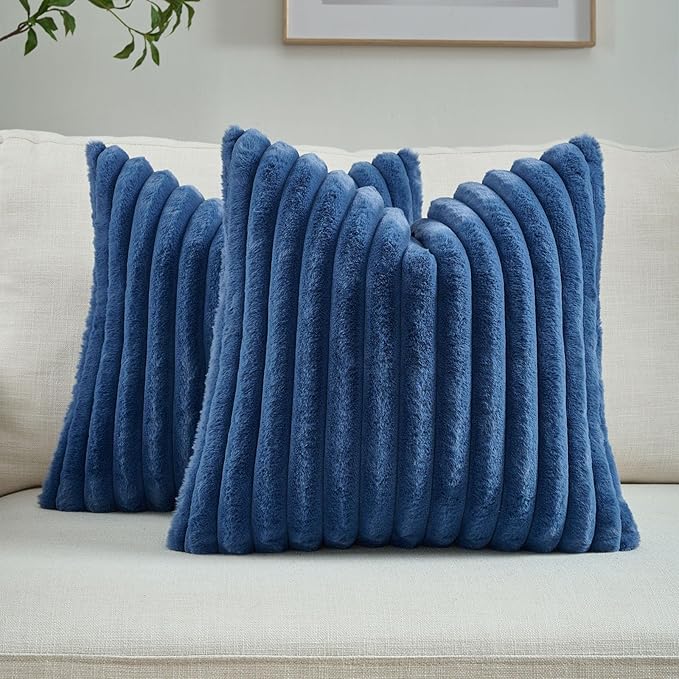 FUTEI Navy Blue Throw Pillow Covers Set of 2, 24x24 Inch Striped Texture European Cushion Cases with Soft Faux Rabbit Fur Front & Velvet Back, Modern Decorative Couch Pillows for Living Room