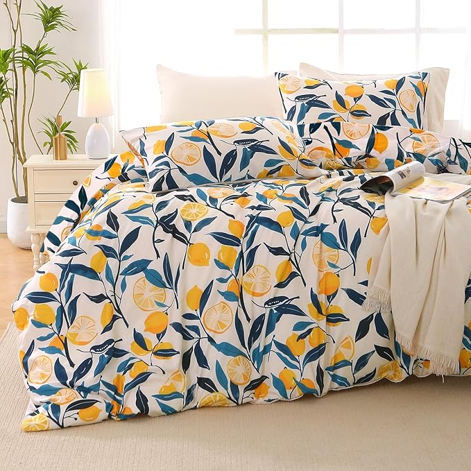 MUXHOMO Lemon Blossom Bed in a Bag King 7 Pieces, King Comforter Set Reversible Botanical Flowers Design, Ultra Soft & Breathable Bedding Sets with Comforter, Sheets, Pillowcases & Shams