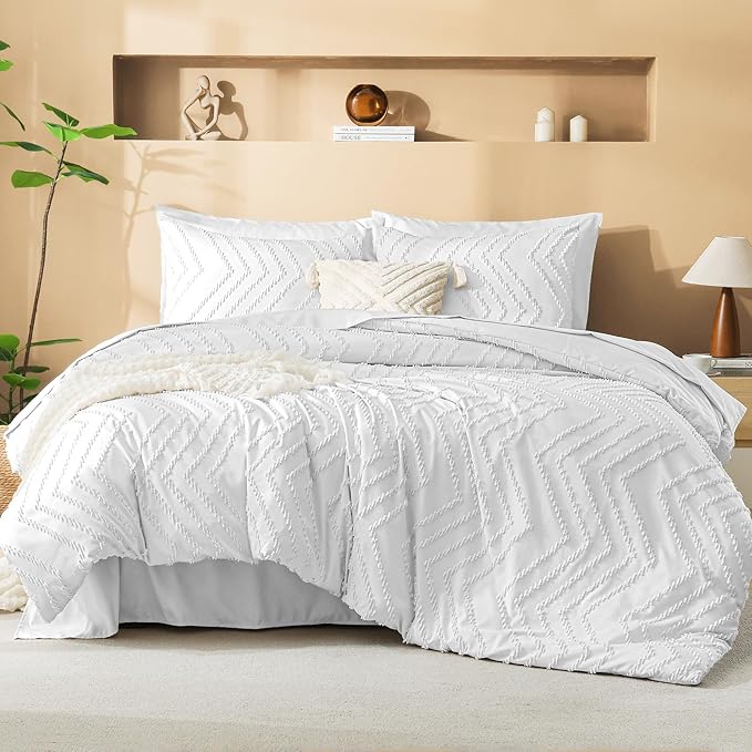 Litanika White Comforter Queen Size Set with Sheets - 7 Pieces Boho Bed in a Bag Chevron Tufted Complete Bedding Sets Lightweight All Season Bed Set with Comforter, Sheets, Pillowcases & Shams