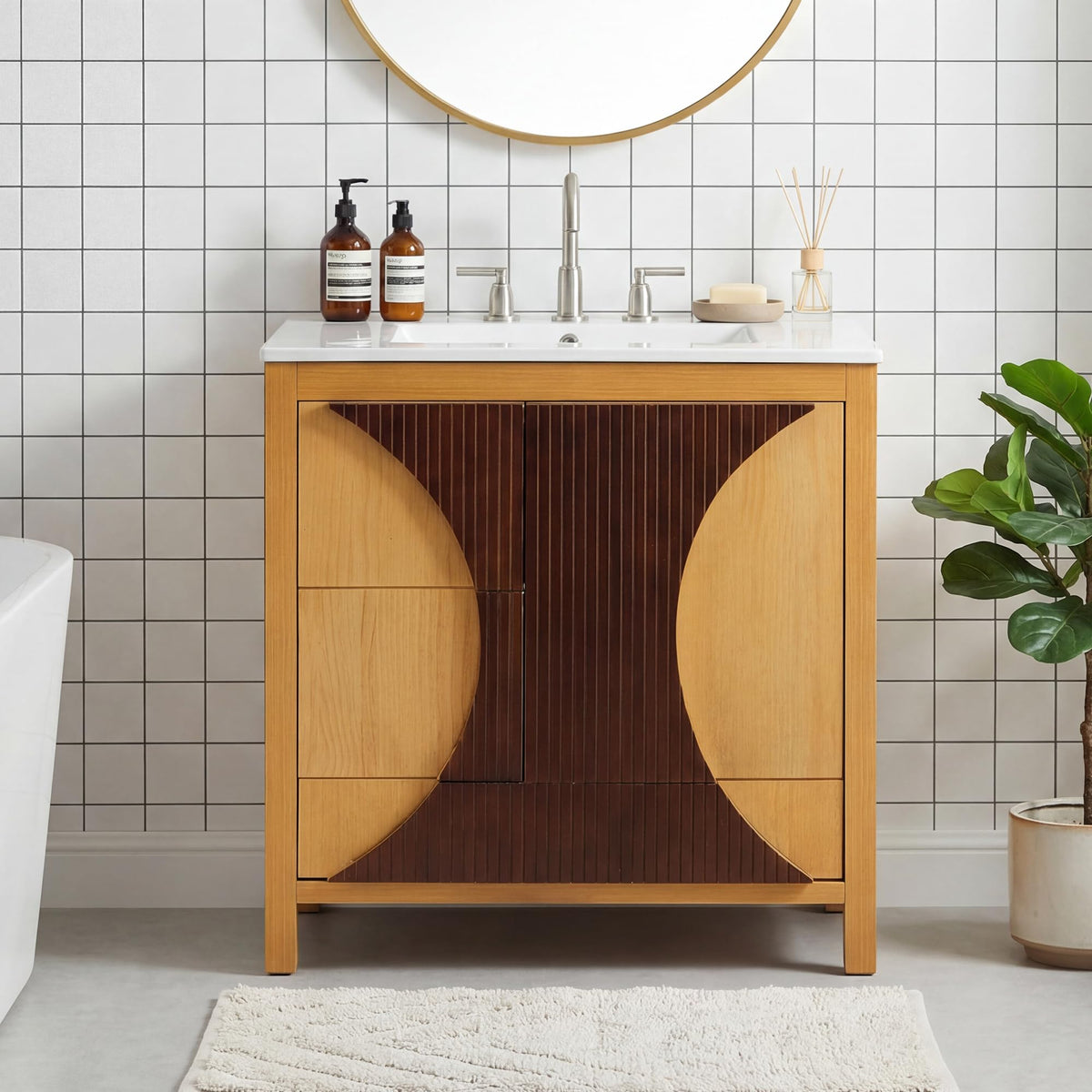 30" Mid-Century Modern Bathroom Vanity with Sink, Freestanding Two-Tone Wood Cabinet with 3 Drawers & Soft-Close Door, Fluted Panel Design, Solid Wood & MDF Construction, Ceramic Basin Included