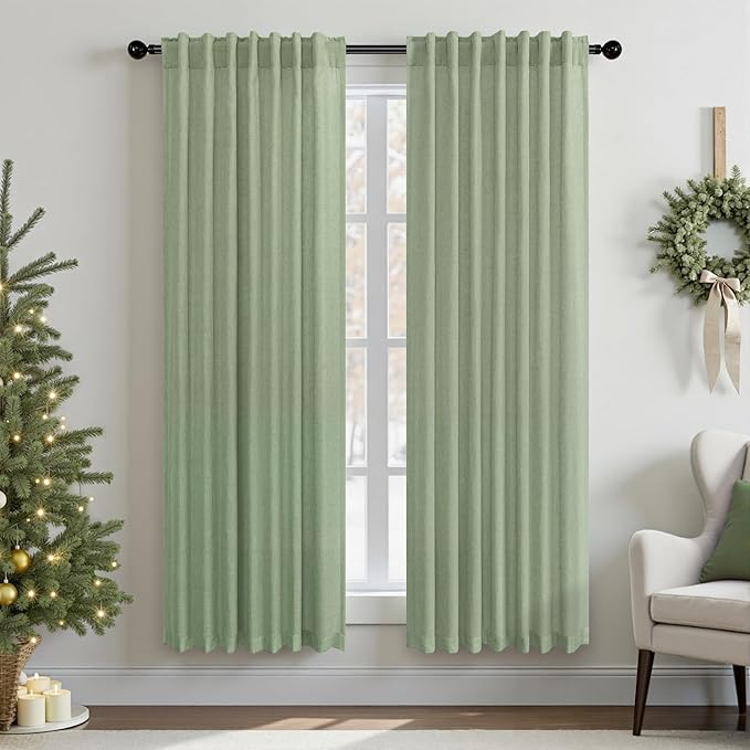 Light Sage Curtains 38 Inch Wide for Windows 2 Panels Back Tab Pocket Semi Sheer Linen Light Filter Lightweight Avocado Green Curtains for Bedroom Living Room Closet Doors Width 38 x 63 Length