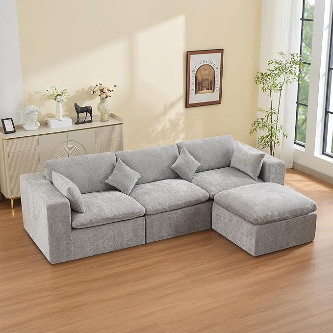 115''Cloud Boneless Sectional Couch, Modular Sectional Sofa Deep Seat with Ottoman, Oversized Upholstered Convertible Comfy 4 Seater Chenille Sofa L Shape Couches for Living Room, Light Grey