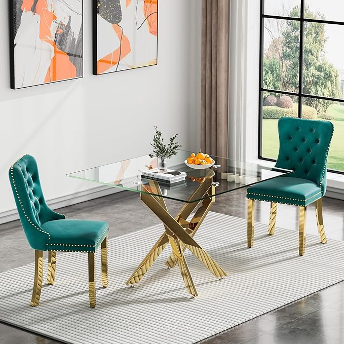 Glass Dining Table Set for 2, Square 36" Dining Table with Gold Cross Metal Leg, 2 Green Velvet Dining Chairs with Stainless Steel Legs, Modern Glass Kitchen Table and Chairs Set for Small Space