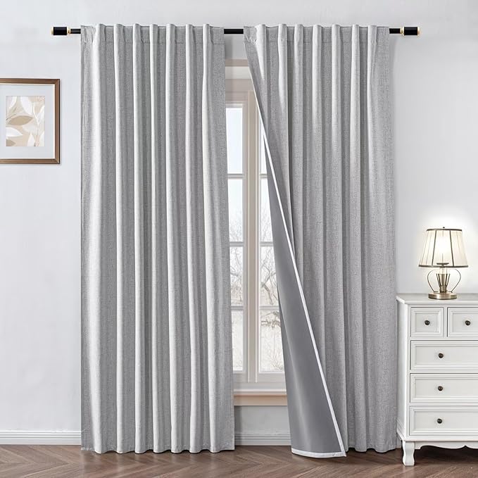 100% Blackout Curtains 72 inch Length 2 Panels Faux Linen Long Drapes for Bedroom Living Room Black Out Room Darkening Curtain Thermal Insulated Back Tab Rod Pocket(W37 x L72, Off-White)