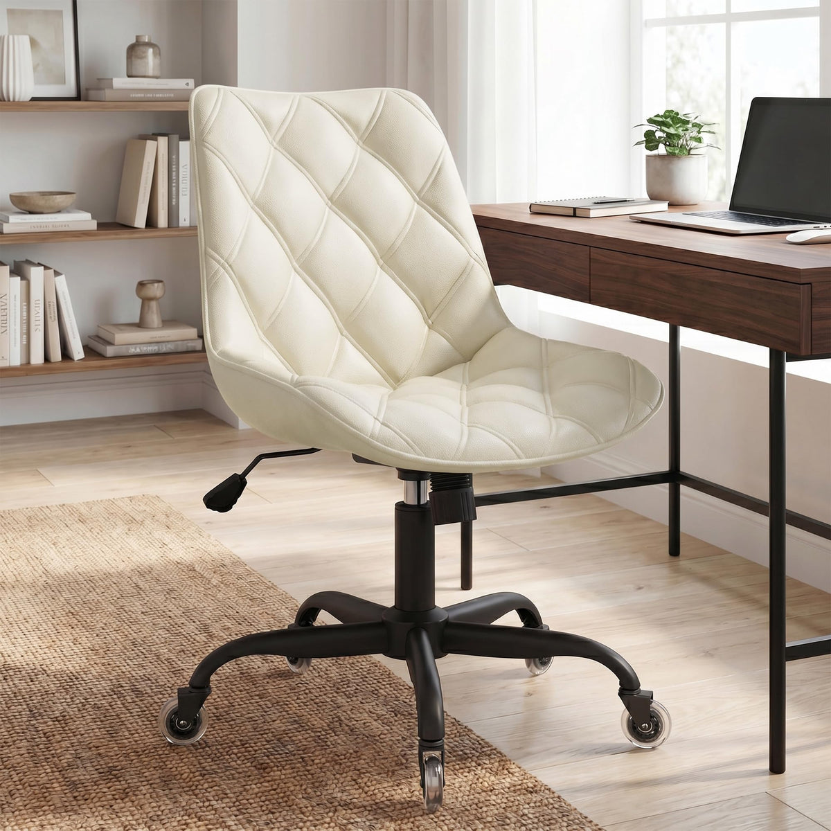 Armless Office Chair, Mid Back Modern Desk Chair with Rubber Wheels, 360 Swivel PU Leather Office Chair No Arms, Adjustable Height Small Computer Chair, Armless Desk Chair for Office, White
