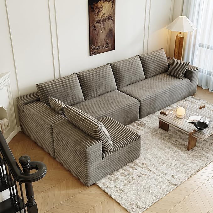 139.4" Modular Sectional Sofa, L-Shaped Minimalist Couches with Middle Seat Chaise, Modern Deep Seat Convertible Sleeper Sofa,Cloud Plush Corduroy Fabric, No Assembly Required, 5 Seater, Camel