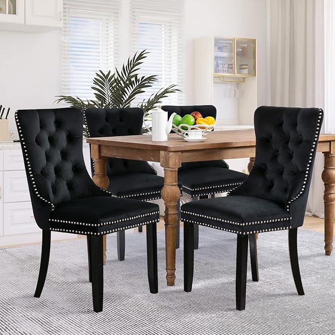 SoarFlash Velvet Dining Chairs Set of 4, Tall Back Side Chair, Modern Upholstered High-end Tufted Side Chair with Button Back Ring, Solid Wood Legs (Black)