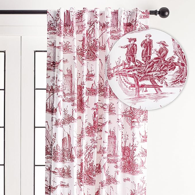 Maison d' Hermine Curtains for Living Room 100% Cotton 124 inch Length One Panel Light Filtering Toile Curtains for Bedroom with Rod and Loop Pockets (Calais Red (White Background), 50" W x 124" L)